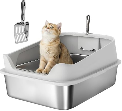 PawHut XXL Katzentoilette Edelstahl, Katzentoilette hochkant mit Metallstreuschaufel, nimmt Keine Gerüche auf, auslaufsicher & leicht zu reinigen, 70 x 50 x 30 cm, grau