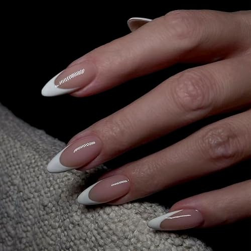 30PCS French Tip False Nails,Medium Almond Press-on-Nails,Nude French Manicure Fake Nail, Long Lasting Light Weight nail for Women DIY