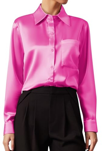 Generisch Moda de mujer de satén, manga larga, cuello en V, monocolor, camisa de negocios, 1 blusa de gasa, elegante, Rosa intenso., XL