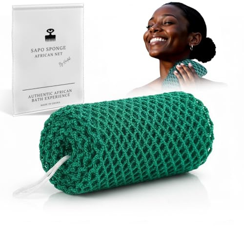 Äkta afrikansk nätsvamp från Ghana med upphängningssnöre Lång peelingvamp för kropp och rygg Duschsvamp Perfekt för daglig kroppsvård (Skogsgrön)