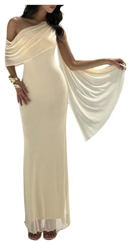 Milumia Women's Asymmetrical Neck Mesh Maxi Dress Short Sleeve Ruched Bodycon Cocktail Wedding PartyDresses Apricot Small