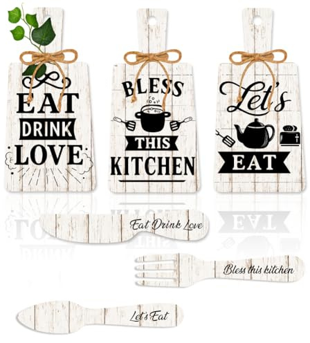PH PandaHall 6pcs Kitchen Wall Decor Eat Sign, Cutting Board Fork and Spoon Wood Sign Eat Drink Love Kitchen Wall Hanging Plaques Flower Farmhouse Board for Home Dining Living Room Bar Cafe