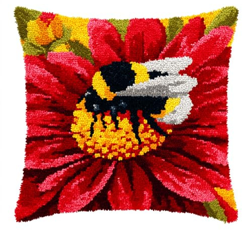 XDEGHUANGSS Kit Créatif Coussins et Tapis au Crochet Avec Motif Pré Imprimé,Kit Coussin Au Point Noué,Loquet Crochet Complet Housse De Coussin,Fait Main,43x43cm(Abeille à fleurs rouges)