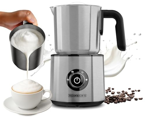 Heinrich´s Milchaufschäumer, 250ml Kapazität, Elektrischer 4in1 Milchaufschäumer, 360° drehbare Basis, Kalter/Warmer Milchschaum, Milchaufwärmfunktion,für perfekten Barista-Milchschaum, Edelstahl,600W