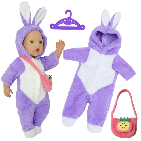 Puppenkleidung 30 cm 33cm 36cm, Kleidung Outfits für 12–14 Zoll Baby Puppen, Lila Kaninchen Puppenbekleidung für 30-35 cm Puppen, Süße Babypuppen Outfits Zubehör Onesie Kleiderbügel Tasche