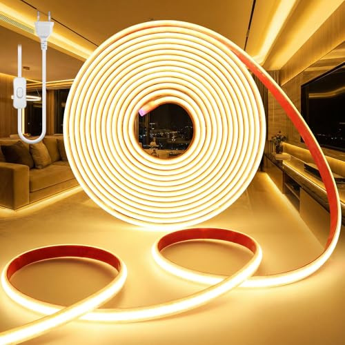 BRIMETI Striscia LED 220V COB 2M Bianco Caldo 3000K Esterno Impermeabile IP65 320LEDs/M Flessibile Luci LED Luminosa Tagliabile Strisce con Alimentatore per Interno Giardino Cucina Decorazione
