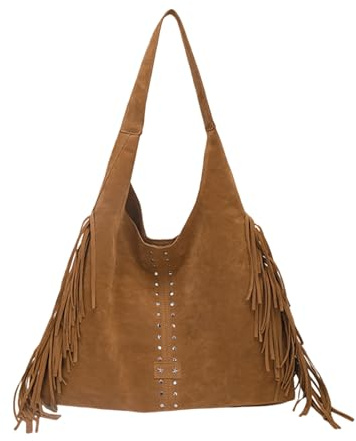 Cymwer Bolso de mano de gamuza sintética Bolso de hombro vintage Bolso hobo con flecos para mujer (marrón)