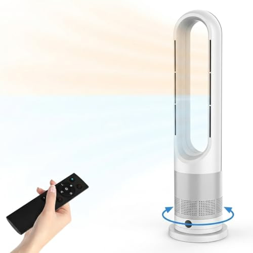 Turmventilator, Rotorlos Ventilator mit Kühlung und Heizen, Luftkühler sehr Leise, 8 Stufen Tower-Ventilator 9H Timer, LED-Anzeige, Standventilator mit Fernbedienung, 80° Oszillation Büro (Silber)