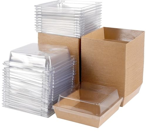 CHIHEUNG 50PCS Cake Slice Boxes, Brown Bento Dessert Box with Clear Lids, Charcuterie Boxes for Desserts, Macaron and Sandwich Cookies Takeaway, 13.5x12.5x6.5 cm