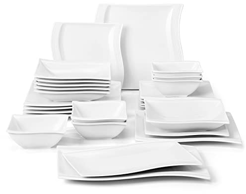 Malacasa Flora juego de vajilla, juego de 52 piezas para 12 personas, servicio de mesa rectangular de porcelana que incluye 12 platos, 12 platos de postre, 12 platos soperos, 12 cuencos, 4 bandejas