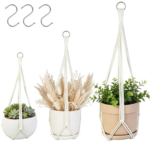 ZKAILCF Makramee Blumenampel 3er Set Boho Hängepflanzenhalter Handgefertigt aus Baumwolle mit Metallhaken 3 Längen 58-89cm für Innen & Außen für Balkon Wohnzimmer Deko Creme