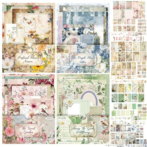 Simsky Scrapbook Zubehör Set, 400pcs Ästhetische Scrapbooking Sticker Aufkleber Pack Blatt Scrapbooking Sticker Set DIY Dekorative Papier Retro Blumen Journaling Zubehör Papier Kit