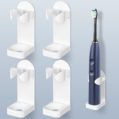 AOOHA Porta Cepillo de Dientes Pared, Portacepillos de Dientes Eléctrico | 4 Piezas, Adhesivo, Sin Taladrar, Ajustable, Soporte para Cepillos de Baño para Familia, Blanco