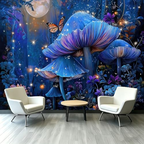 Générique Papier peint Style Fantaisie Surréaliste, 300x210 cm, Décoration Murale Poster Tableaux Muraux Tapisserie pour Chambre Enfant Salle Gaming Bar Chambre, Champignons Papillons