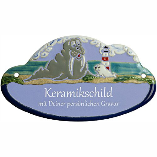 Handarbeit aus Schleswig-Holstein Keramikschild 18,0 x 10,0 cm Motiv Großes Walroß mit Kleiner Robbe (hellblau)