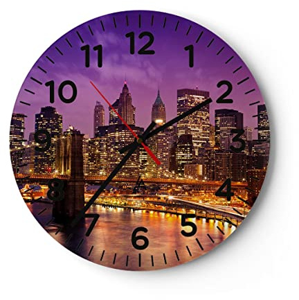 Modern Wanduhr New york nacht brooklyn brücke 30x30cm Rund Klein Wand Uhr Glas Analog Zimmeruhren Küche Büro Wohnzimmer Glasuhr Wall Clock Dekoration Design Wanddekoration Küchenuhr C4AR30x30-2660