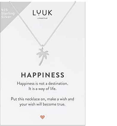 LUUK LIFESTYLE Halsband i 925 Sterling Silver med palmhänge och ett inspirerande HAPPINESS-kort, lyckoamulett, vänskapsgåva, damsmycken, silver