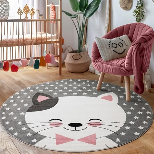 Carpettex Kinderteppich Katze Design Pink 160 cm Rund - Kurzflor Teppich Kinderzimmer für Mädchen und Jungen Pflegeleicht Weich - Waschbarer Spielteppich Babyteppich Gaming Teppich Babyzimmer