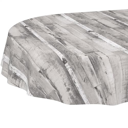 Tischdecke oval abwaschbar ohne Einfassung – Holzoptik Grau Weiß – Wachstuch pflegeleicht – ideal für Küche, Garten, Terrasse 180 x 140 cm (Oval)