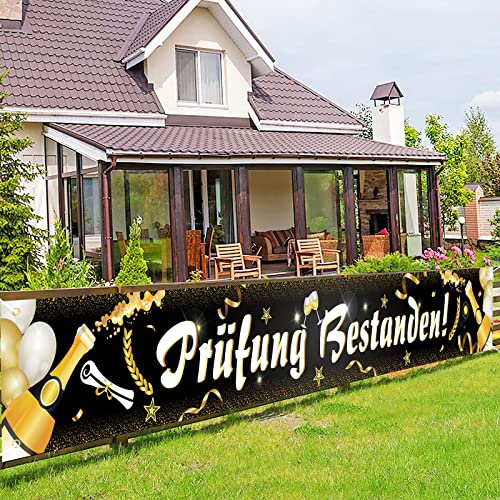 DPKOW Lang Prüfung Bestanden Banner Deko für Abschluss Ausbildung, Stoff Poster Banner für Prüfung Bestanden Draußen Garten Dekoration, Graduierung Abitur Deko für Wand Tisch, 270 * 35 cm
