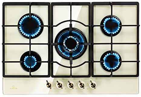 Klarstein Victoria - Gaskochfeld Gasherd, Einbau, Sabaf-Brenner, Erdgas/Propangas, Sicherheitsventile, automatische Abschaltung, Topfträger aus Gusseisen, Glaskeramik Retro-Look, 5-flammig, weiß