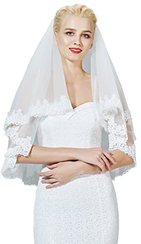 BEAUTELICATE Brautschleier Hochzeitsschleier Schleier Blusher Für Braut Hochzeit Weiß Elfenbein Mit Spitze Und Metall Kamm Ellenbogenlänge 2 Schicht V125