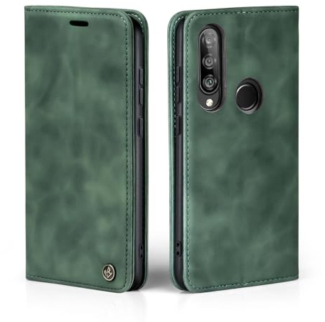LBH Handyhülle für Huawei P30 Lite in Grün mit Karten- und Geldfach Smartphone Hülle mit Standfunktion Flip Case Schutzhülle Magnetverschluss Vintage