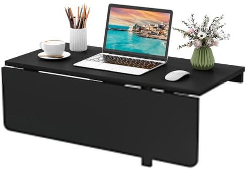 COSTWAY Tavolo Pieghevole a Muro, Tavolino Porta PC da Parete in Legno, Tavolo a Scomparsa Multifunzionale, Ideale per Soggiorno, Cucina e Studio, 80 x 60 x 45 cm (Nero)