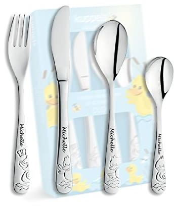 Kinderbesteck mit Namensgravur Motiv DUCK Enten, 4-teilig aus Edelstahl | Alle 4 mit Name graviert, Gravur in ansprechenden Schriften