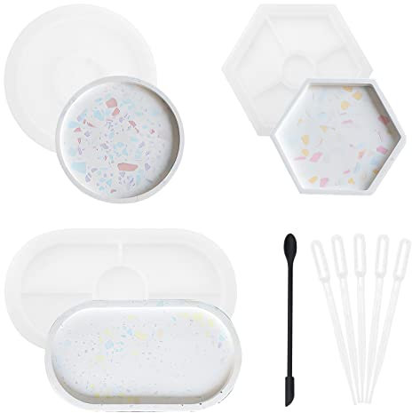 TNSLAND Molde de silicona para bandeja, juego de 3 piezas de moldes de resina de silicona para bandejas, moldes de silicona, moldes de silicona ovalados, redondos, hexagonales, posavasos de resina