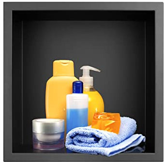 QWORK® Nicho de Ducha Empotrado de Acero Inoxidable 304, Moldura de Una Pieza, para Artículos de Tocador, Negro Mate, 32x32x12,5 cm
