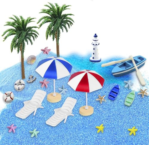 DBALL 28 Stück Strand Mikrolandschaft Miniatur Deko Strand Deko Mini Liegestuhl Strandliege Sonnenschirm Muscheln Deko für DIY Fee Garten Puppenhausdekoration Geburtstagsgeschenk