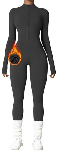 OEAK Mono deportivo largo ajustado para mujer, de manga larga, cuello alto, con cremallera, forro polar, sin costuras, de una pieza, Gris, L