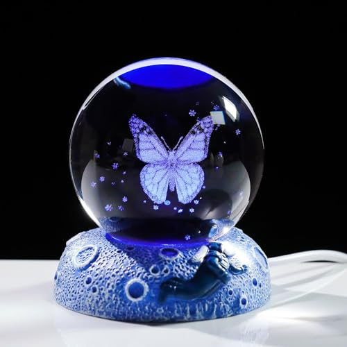 Movdyka 3D Crystal Ball Engraved Butterfly Gifts with Night Lights for Women, 6cm/2.36 in. Glass Globe Figurines for Her Birthday Anniversary Keepsakes for Daughter Home Decor