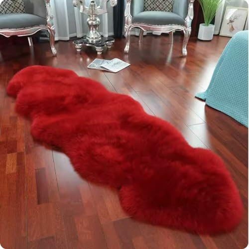 Genuine Sheepskin Rug Red Colour Real Australia Area Wool Fur Rug Natural Thicken Fluffy Carpet for Living Room Bedroom Sheepskin Throw Lambskin Rugs Sofa Mat Chair Seat Covers
