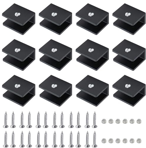 Bebochoi 12 Pezzi Supporto Vetro Morsetto, Staffa Reggimensola in Vetro Regolabile, Mensole in Vetro di Alluminio Clip di Vetro, per Vetro Spesso 8-10 mm, per Mensola da Bagno ecc (Con Viti, Nero)