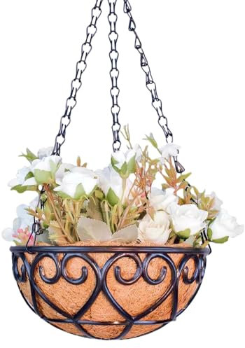 Fioriera sospesa in metallo, cestini per piante da esterno - Vasi sospesi da 10 pollici con rivestimento in palma da cocco - Decorazione da giardino, porta piante rotondo con catena per