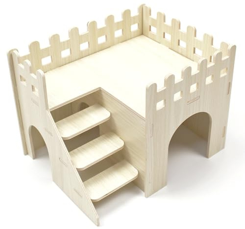 Amonk Hamster Hideout 10x8x7 inch Large Size Wooden House Wood Hut Habitats Decor with Climbing Ladder for Bunny, Chinchillas, Dwarf Rabbits, and Other Small Pet Animals