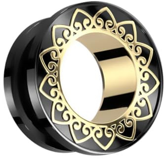 Treuheld® Schwarzer Flesh Tunnel mit goldenem Ornament | 5 Größen