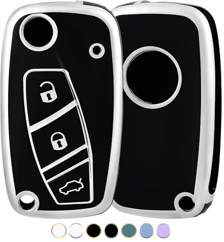OFF WE GO Autoschlüssel Hülle Schlüsselhülle Cover für FIAT Bravo Doblo Ducate Panda Grande Punto Stilo Ulysse Fiorino Idea Qubo Schlüsselcover 3 Tasten Schlüssel Schutz Gehäuse, Schwarz Silber