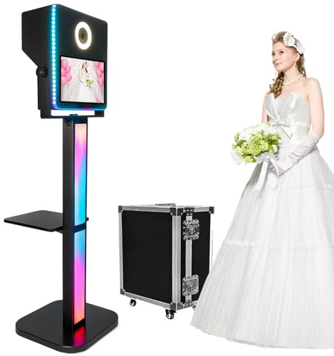 Photomaton magique portable pour appareil photo reflex numérique avec écran tactile 15,6 pour fête de mariage, événements, location avec lumières RVB et tapis rouge (couleur noire)