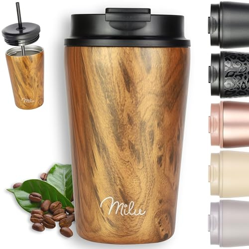 Milu Termo Cafe 300ml, 400ml, 500ml - Vaso Termico Antigoteo, Taza Termica acero inox sin BPA, Vaso Insulated Mug para llevar (Wood, 400ml)