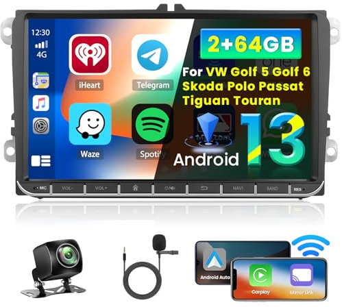 Inefala Android 15 Autoradio für VW Golf 5 Golf 6 Skoda Polo Passat Tiguan Touran (2 + 64 GB) 2 DIN 9 Zoll Bildschirm mit Wireless CarPlay Android Auto FM RDS GPS Bluetooth WiFi Lenkradsteuerung