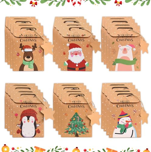 24 Stücke Weihnachtskraft Geschenktüten, yisight Christmas Candy Bag mit Griff, Geschenktaschen Weihnachten, Keksschachtel Weihnachten für Schokolade Süßigkeiten Geschenken