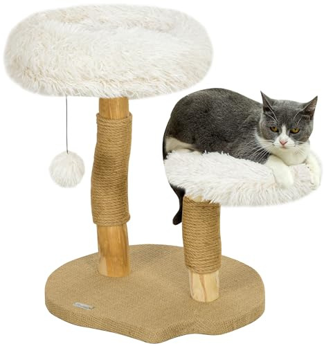 PawHut Kratzbaum 61,5 cm hoch mit Spielball für Katzen unter 5 kg Weiß | Katzenkratzbaum, Betten, Katzenturm mit Katzenkratzbrett, Birnbaumholz