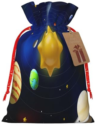 Kuilepa Leinen-Jutebeutel mit Sonnensystem-Druck, mit Geschenkanhänger, Geschenktüten, Hochzeitsfeier, Weihnachten, Geburtstag, Geschenke für Party, Heimbedarf