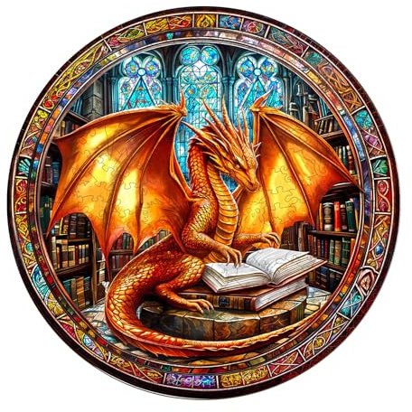 Blumuze Holzpuzzle Erwachsene, Bibliothek des Drachen Holz Puzzle, Holzpuzzle Einzigartige Tierform Puzzleteile,Puzzle Holz Erwachsene mit Geschenkbox aus Holz 100 Stück(S-21.5 * 21.5cm)