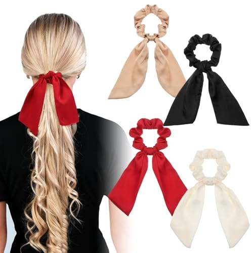 Mabor Haarschleifen Mädchen, 4 Stück Haargummi mit Schleife, Haarschleife Damen, Haargummi Schwarz, Haargummis Schleife Haare, Scrunchies Schwarz für Damen und Mädchen