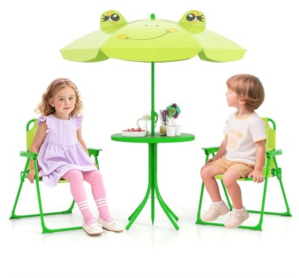 FANTASK 4 teilige Kindersitzgruppe mit Sonnenschirm, Outdoor Sitzgruppe mit 2 Klappstühlen, Camping Kindersitzgarnitur (Hellgrün)