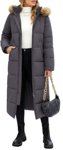 Tuopuda Larga Acolchado Abrigo de invierno para Mujer Chaqueta Espeso con Capucha Abrigo Largo Resistente al Viento con Cremallera y Bolsillos(Gris oscuro,L)